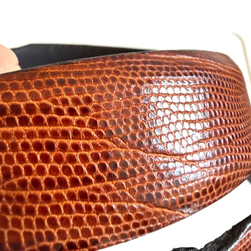 Tulliani Men's Dress Belt Cognac Brown Italian Calfskin Leather Lizard Embossed